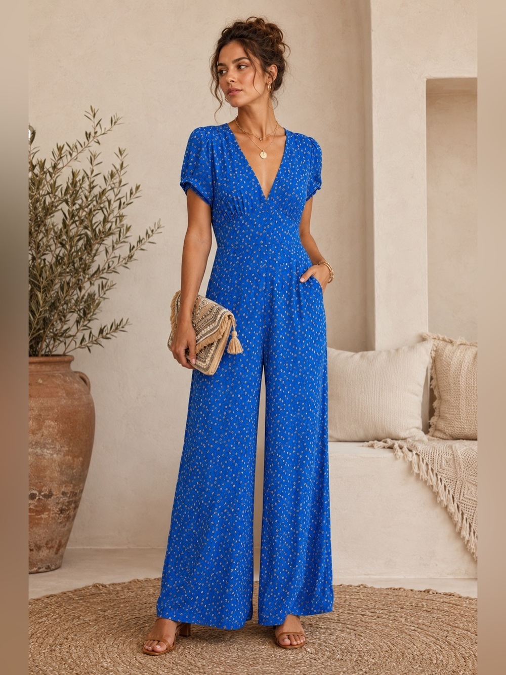 Free People | Mia Jumpsuit Blue Floral V-Neck Wide-Leg - Size 2